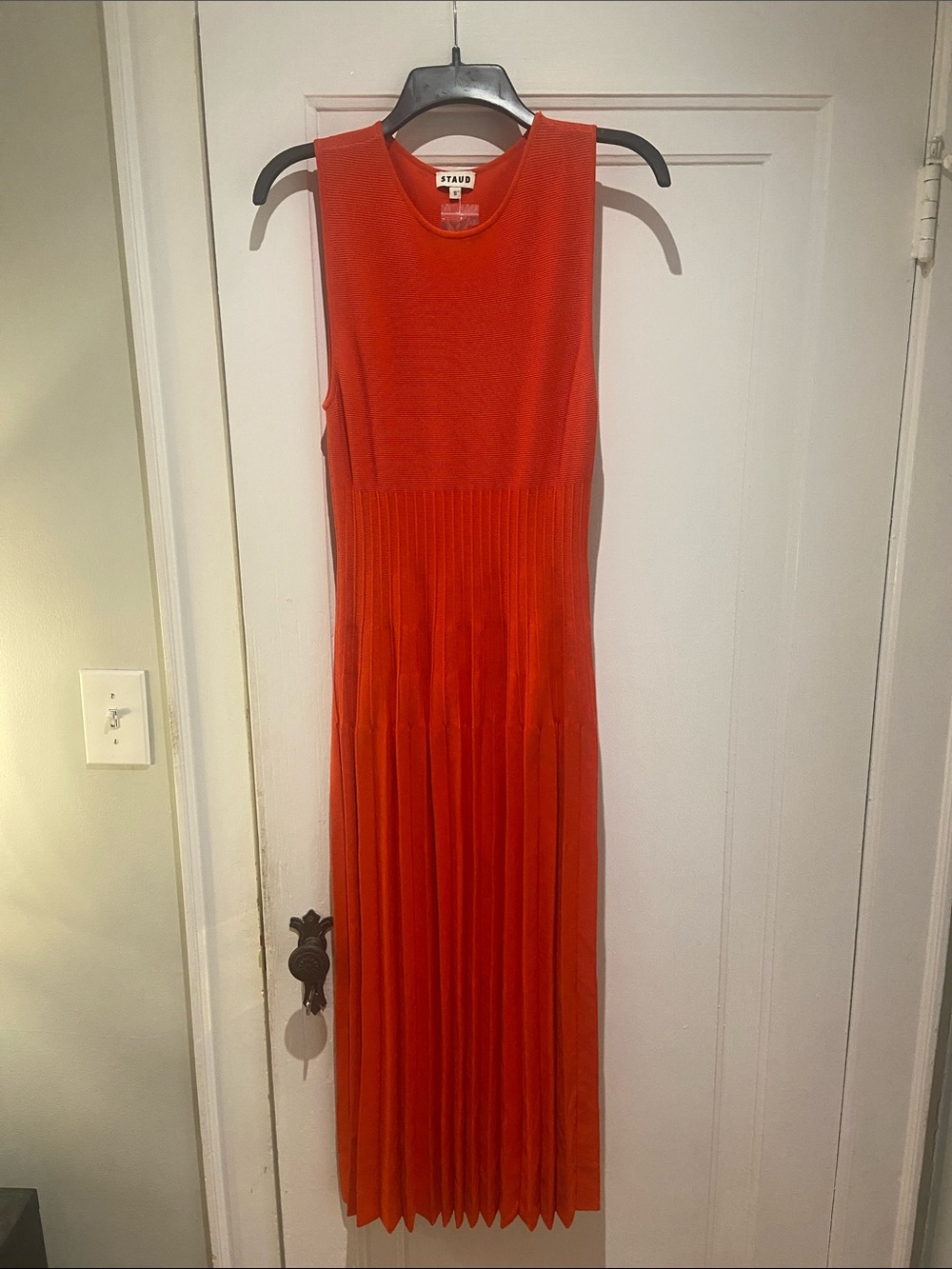 STAUD Vibrant Red Sleeveless Pleated Maxi Dress